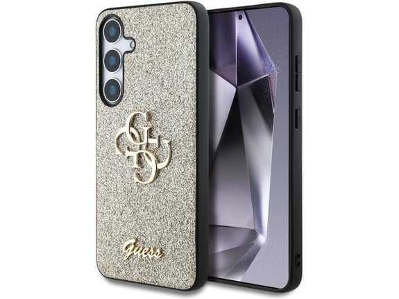 GUESS ovitek za silikonski Samsung Galaxy S25 5G, črna z bleščicami in zlatim logom