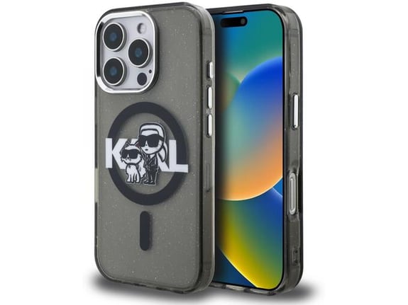 KARL LAGERFELD ovitek za TPU MagSafe Karl and Choupette iPhone 16 Pro Max, prozorno črna z bleščicami
