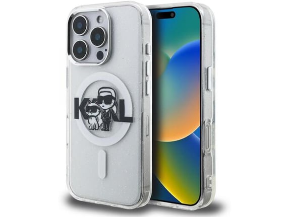 KARL LAGERFELD ovitek za MagSafe Karl and Choupette iPhone 16 Pro Max, prozoren z bleščicami