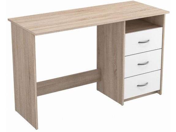 GENT pisalna miza s 3 predali in polico, inženirski les, bela/hrast, 123x50,1x76,5 cm
