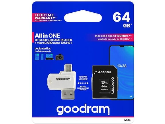 GOODRAM microSD kartica, 64 GB, z adapterjem SD, z USB čitalnikom