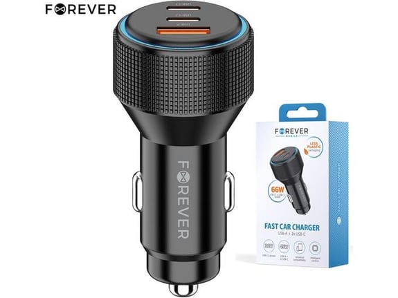 FOREVER avtomobilski polnilec CC-07-66ACC, 66 W, PD, QC, 1x USB-C, 1x USB-A