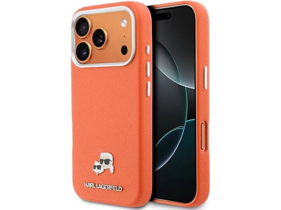 KARL LAGERFELD ovitek za usnjen MagSafe Karl and Choupette Heads Pins iPhone 17 Pro/iPhone 18 Pro, oranžna