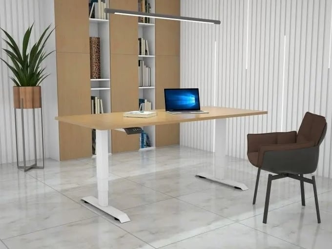 MS VISCOM dvižna miza s ploščo v dekorju egger ellmau bukev - 1600 x 800 mm, belo podnožje