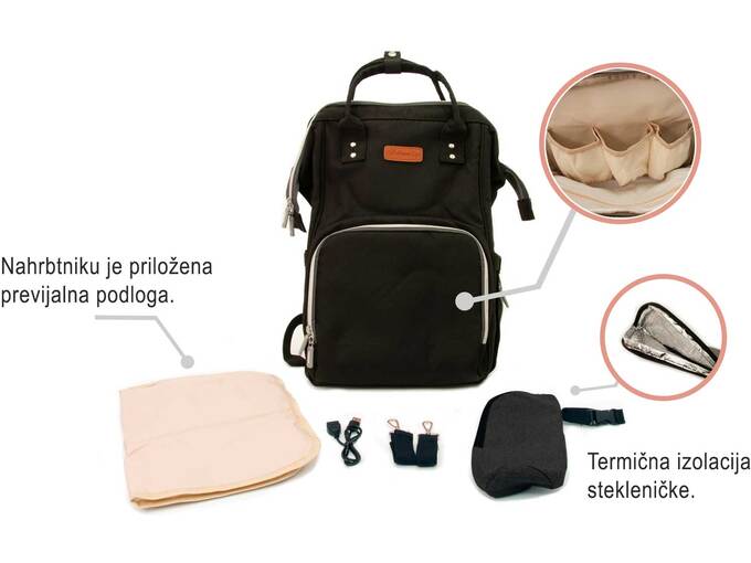 UNIKA previjalna torba Mommy – nahrbtnik z USB priključkom črn