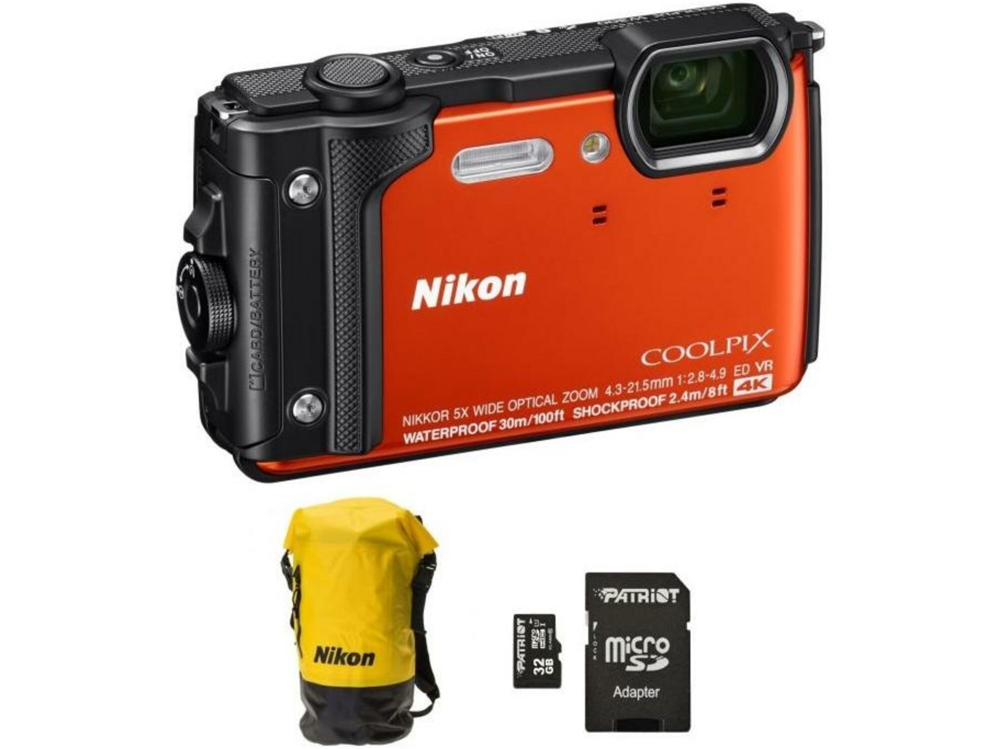 NIKON kompaktni vodoodporni digitalni fotoaparat COOLPIX W300 oranžen+SD32GB+nahrbtnik