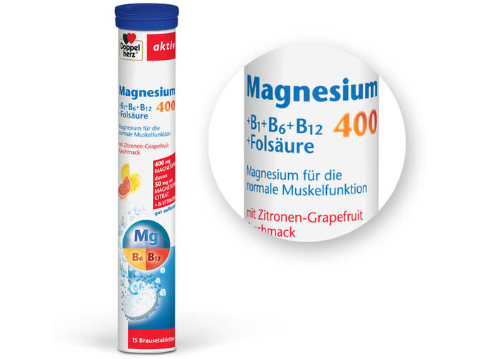 Doppelherz Aktiv Magnezij 400 + B1+B6+B12 + Folna kislina, šumeče tablete