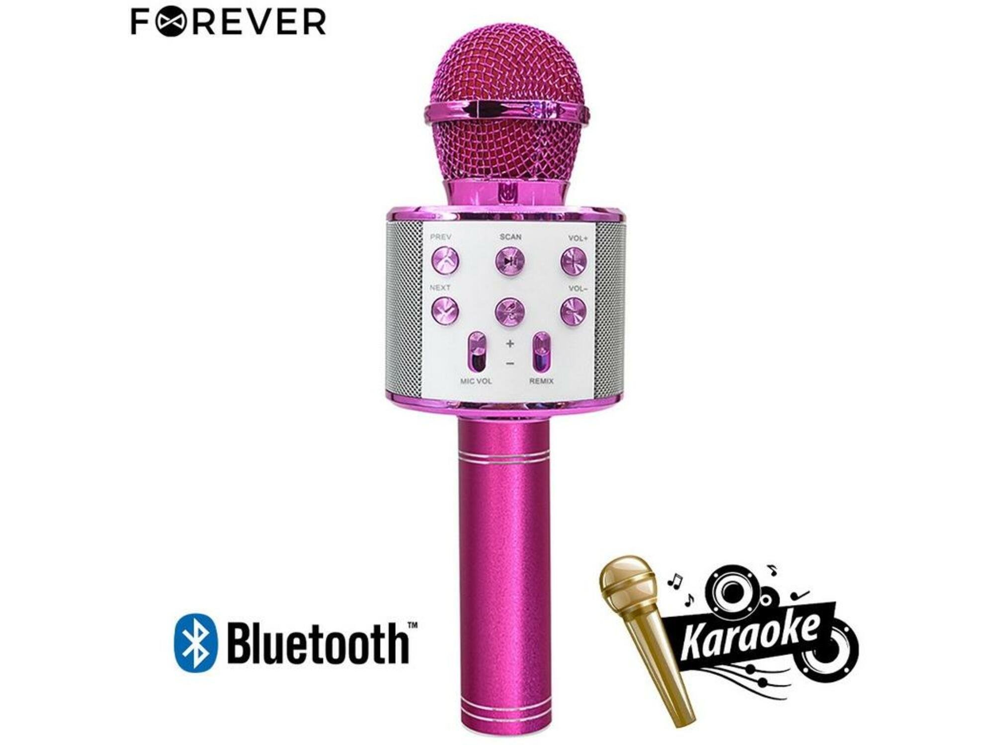 FOREVER Mikrofon & Zvočnik 3W, Bluetooth, USB, microSD, AUX-in, ECHO način, modulacija glasu, roza barve