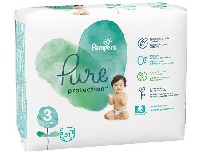 PAMPERS plenice Pure Protection, velikost 3, 6-10 kg, 31 kos