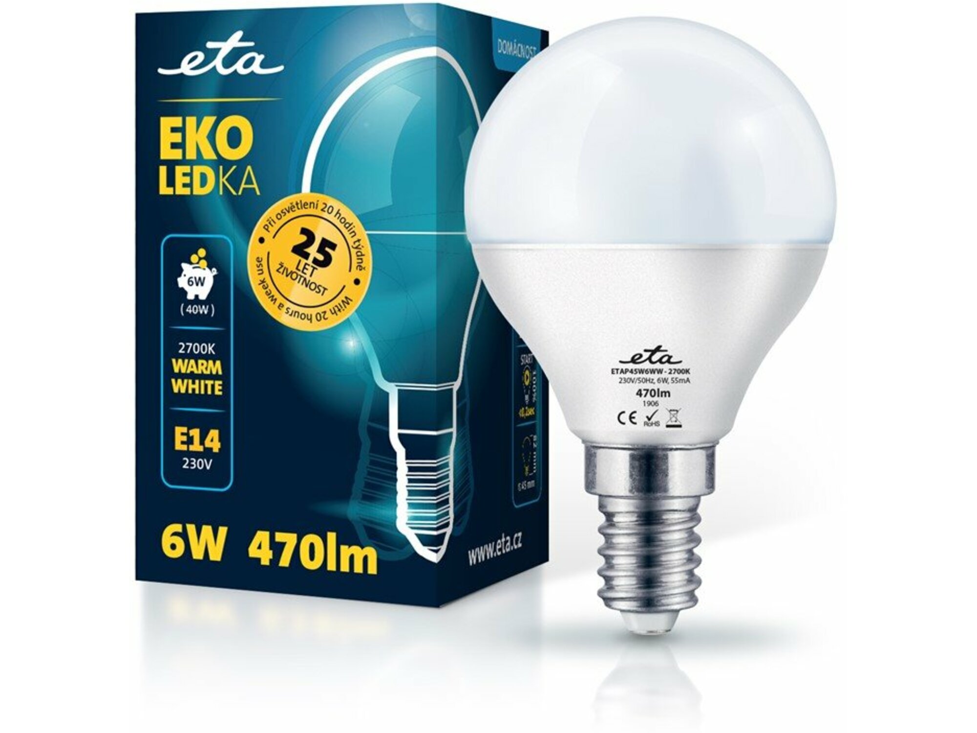 ETA LED žarnica P45, E14 navoj 6 W (toplo bela, 2700K, 470 lm)
