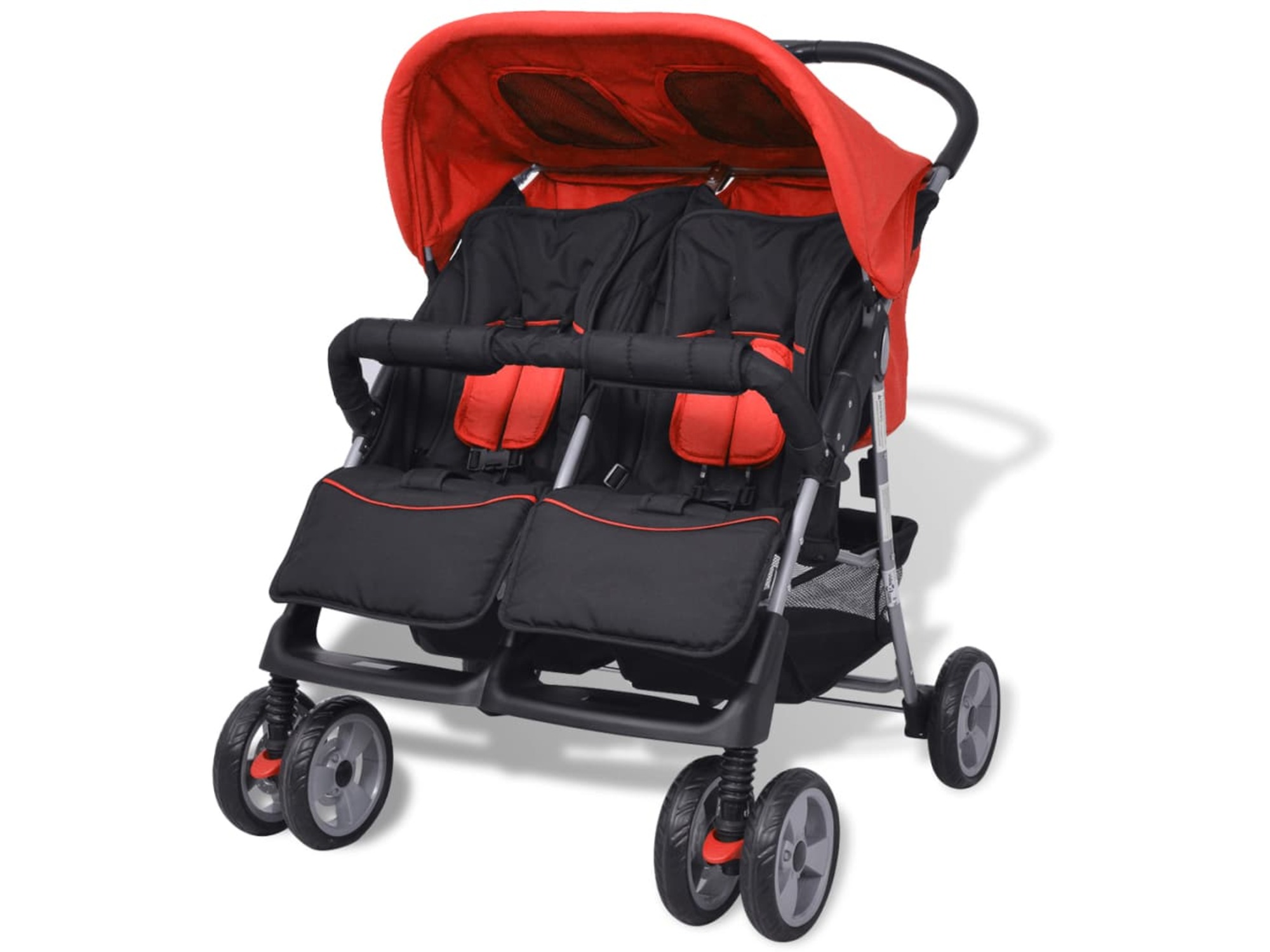 VIDAXL Dvojni otroški voziček jeklo rdeč in črn