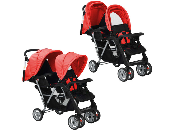 VIDAXL Dvojni otroški voziček jeklen rdeče in črne barve
