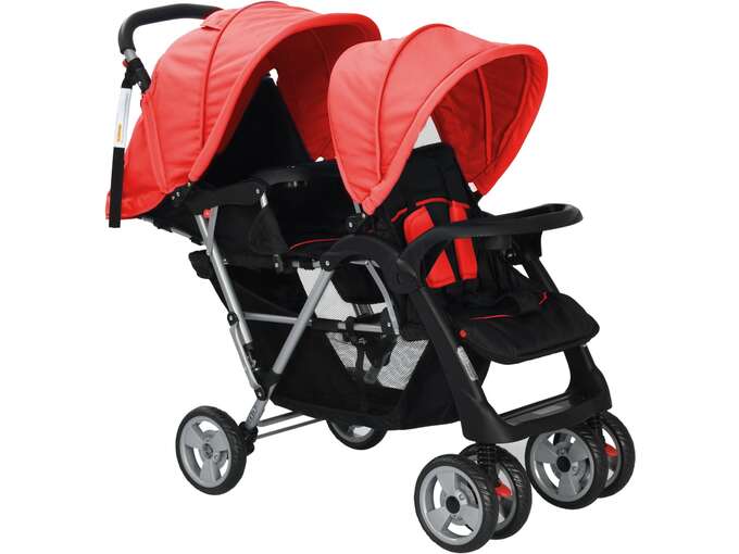 VIDAXL Dvojni otroški voziček jeklen rdeče in črne barve