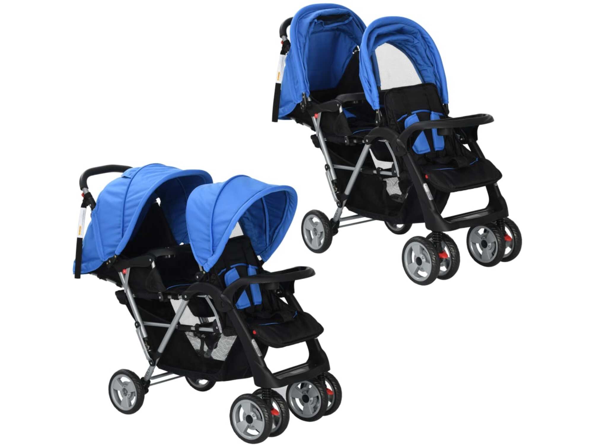 VIDAXL Dvojni otroški voziček jeklen modre in črne barve
