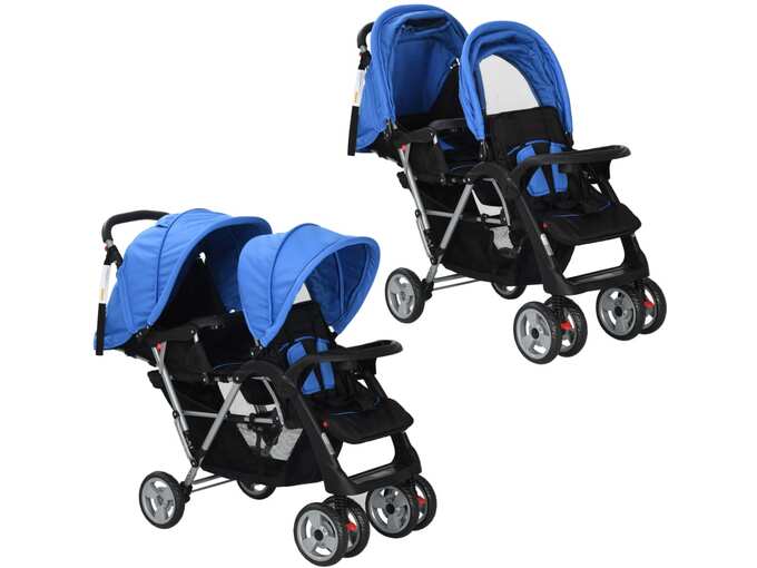 VIDAXL Dvojni otroški voziček jeklen modre in črne barve