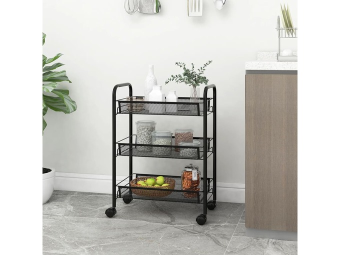 VIDAXL 3-nadstropni kuhinjski voziček črn 46x26x64 cm železo