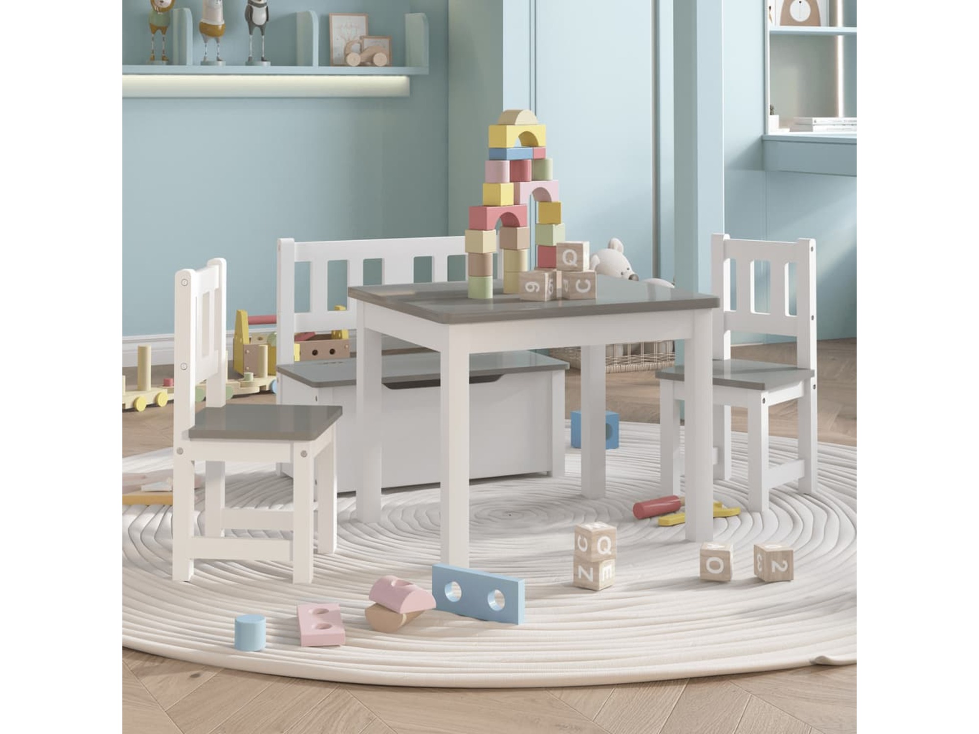 VIDAXL 4-delni komplet otroške mize in stolov bel in siv MDF