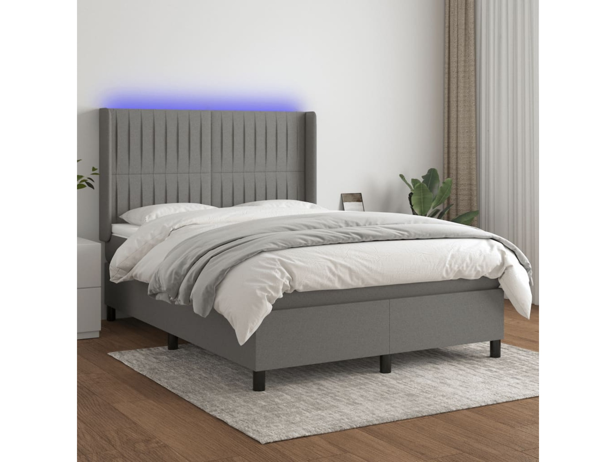 VIDAXL Box spring postelja z vzmetnico LED temno siva 140x190 cm blago