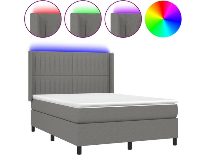 VIDAXL Box spring postelja z vzmetnico LED temno siva 140x190 cm blago