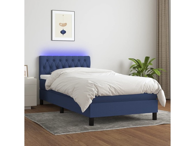 VIDAXL Box spring postelja z vzmetnico LED modra 90x190 cm blago