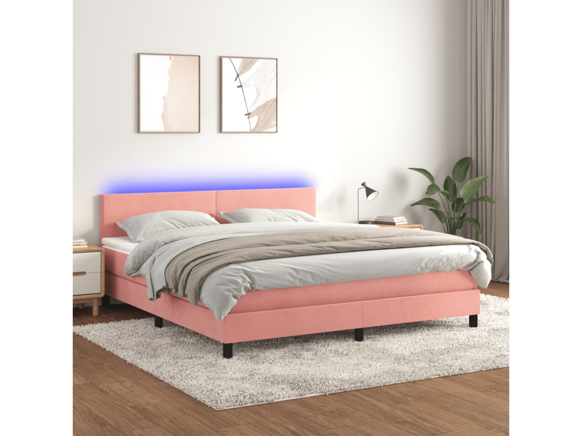 VIDAXL Box spring postelja z vzmetnico LED roza 160x200 cm žamet