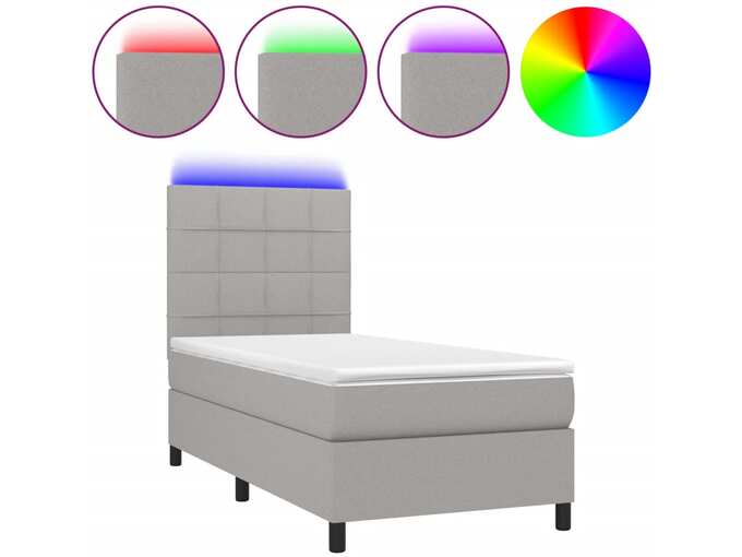 VIDAXL Box spring postelja z vzmetnico LED svetlo siva 90x200 cm blago