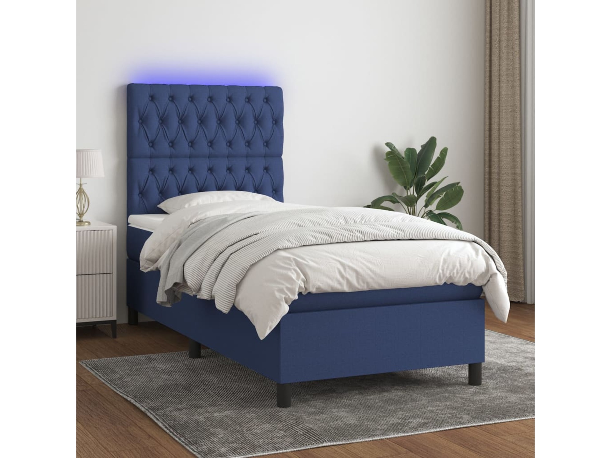 VIDAXL Box spring postelja z vzmetnico LED modra 100x200 cm blago