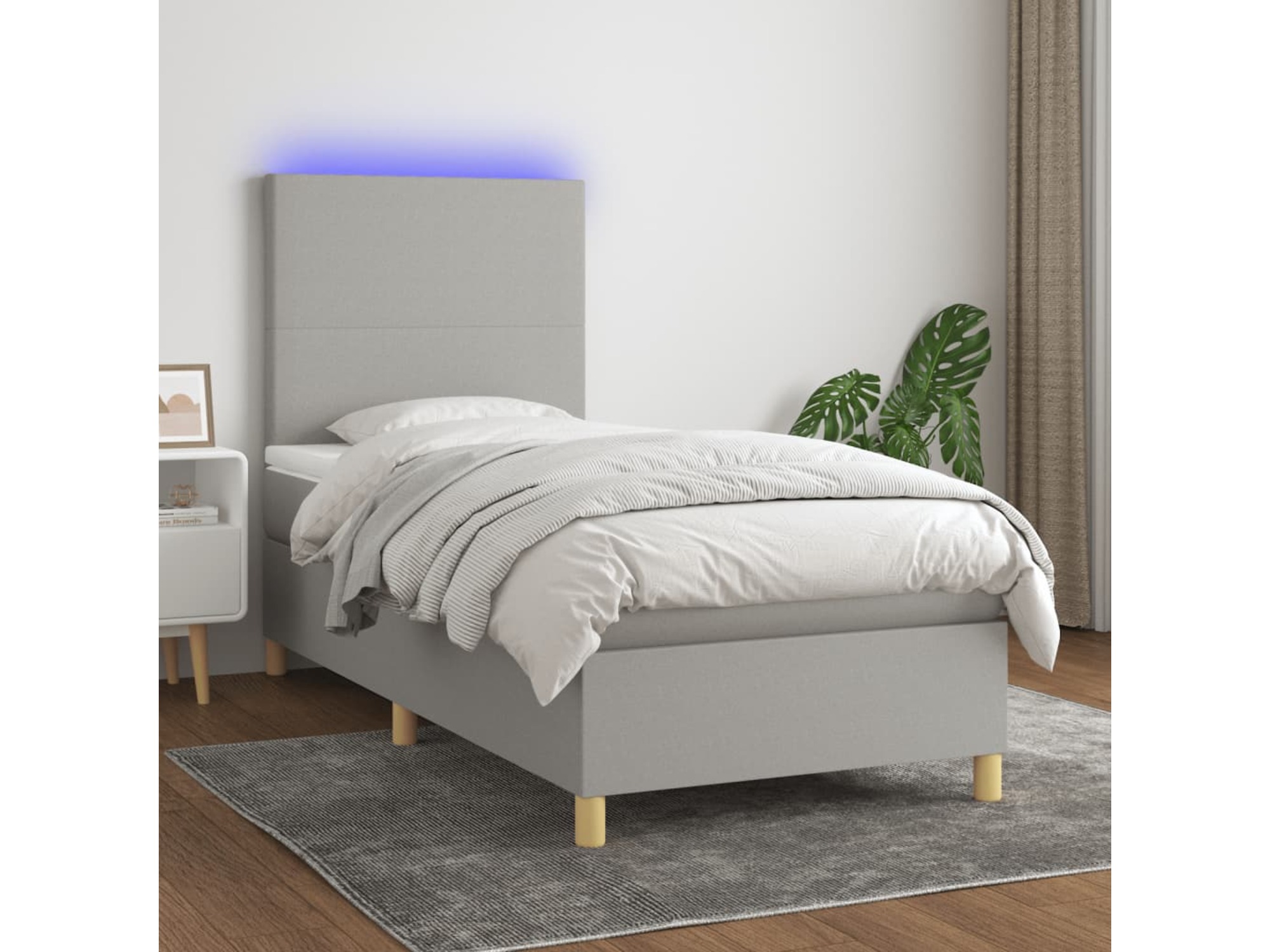 VIDAXL Box spring postelja z vzmetnico LED sv. siva 100x200 cm blago