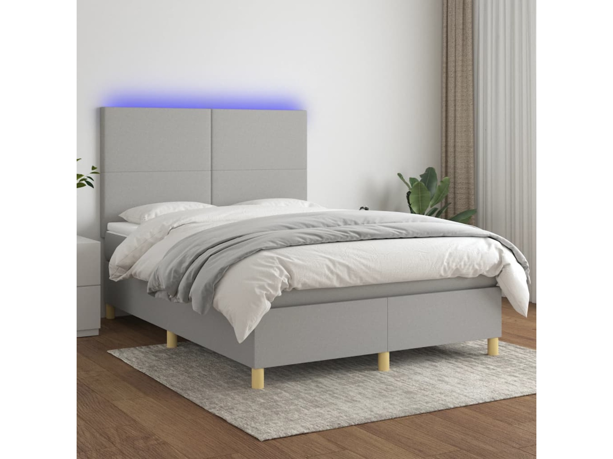 VIDAXL Box spring postelja z vzmetnico LED sv. siva 140x200 cm blago