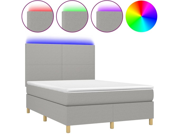 VIDAXL Box spring postelja z vzmetnico LED sv. siva 140x200 cm blago