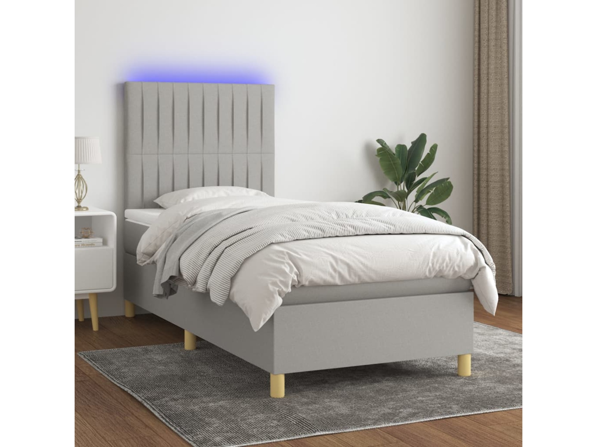 VIDAXL Box spring postelja z vzmetnico LED svetlo siva 90x190 cm blago
