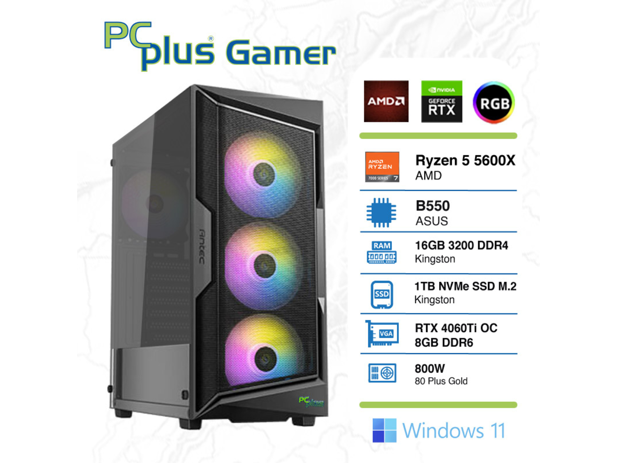 PCPLUS gamer ryzen 5 5600x 16gb 1tb nvme ssd geforce rtx 4060 ti 8gb rgb windows 11 home gaming namizni računalnik