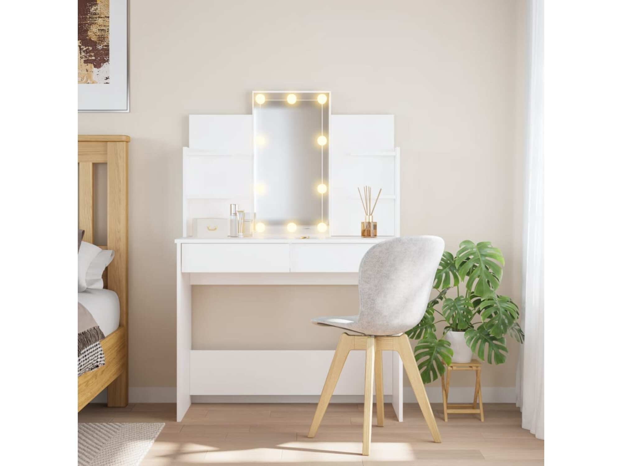 VIDAXL Toaletna mizica z LED lučkami bela 96x40x142 cm