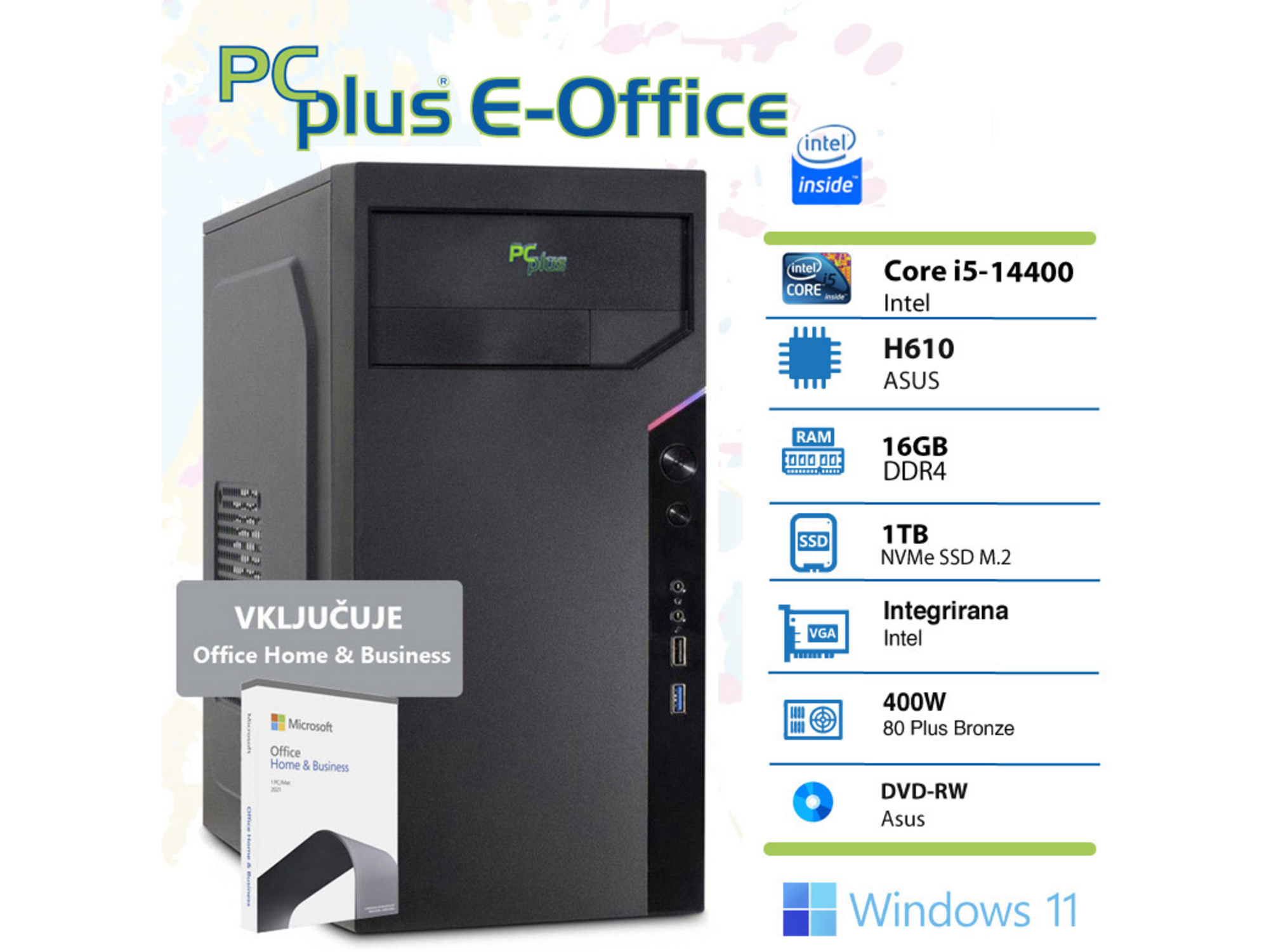 PCPLUS e-office i5-14400 16gb 1tb nvme ssd windows 11 pro office home & bus namizni računalnik