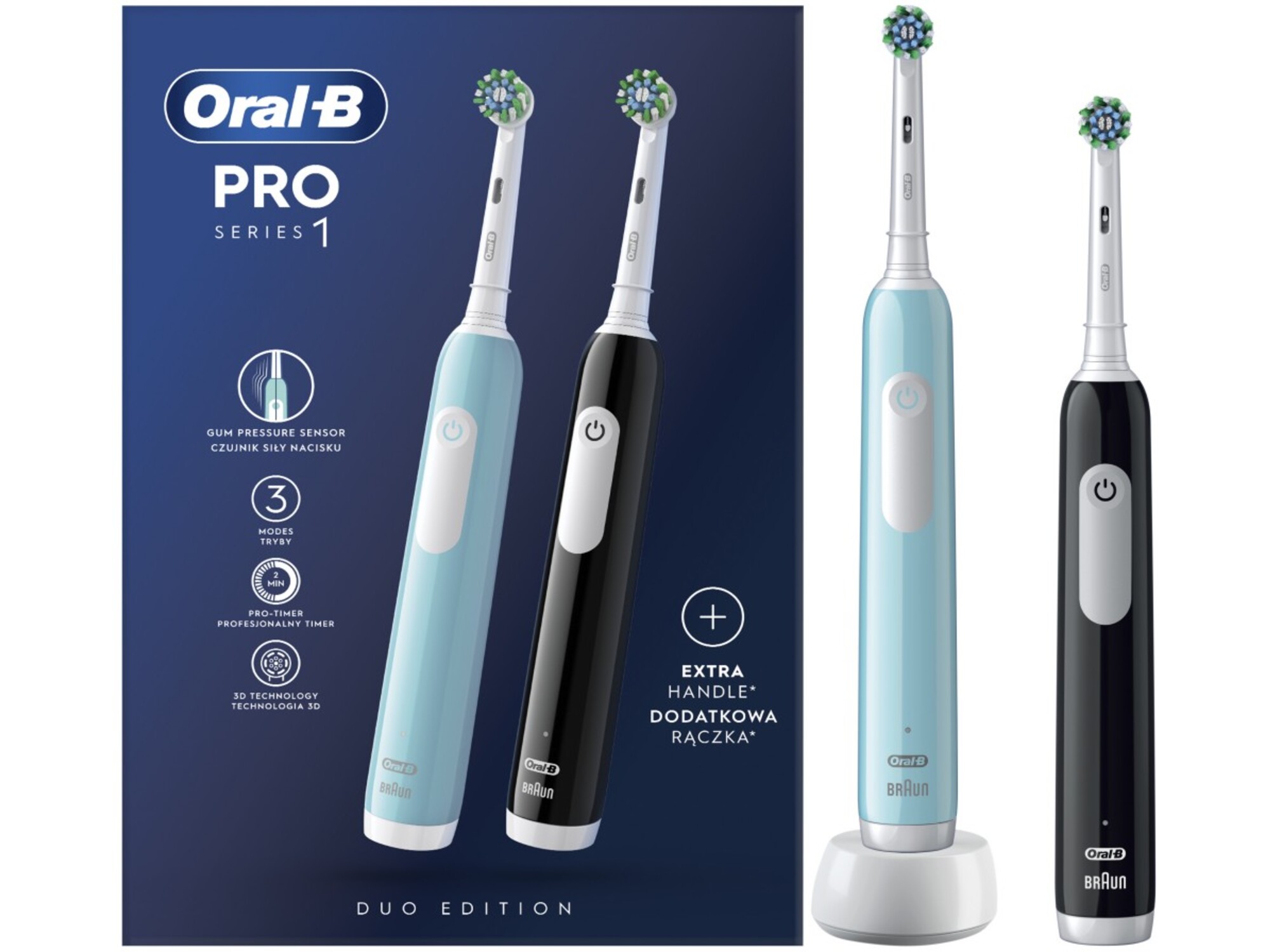 ORAL B 2 električni zobni ščetki Pro 1 DUO, modra in črna