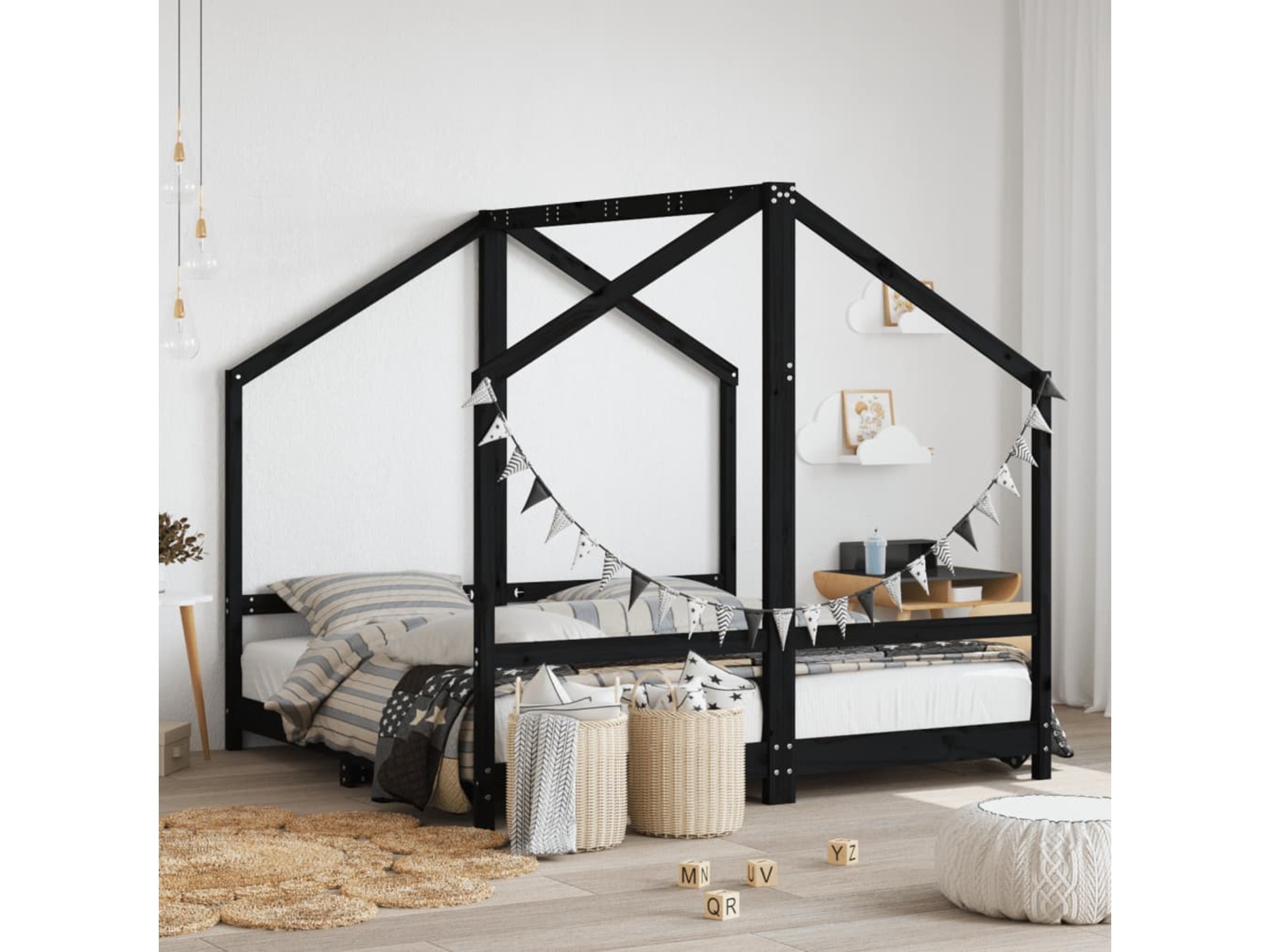 VIDAXL Otroški posteljni okvir črn 2x(80x160) cm trdna borovina