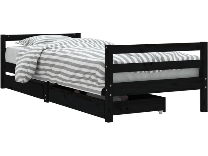 VIDAXL Otroški posteljni okvir s predali črn 90x190 cm trdna borovina